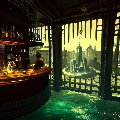 Image similar to In the world of rapture from the world of bioshock you are in a bar, there is a window that lets you see the whole city underwater and you are drinking a rum and coke