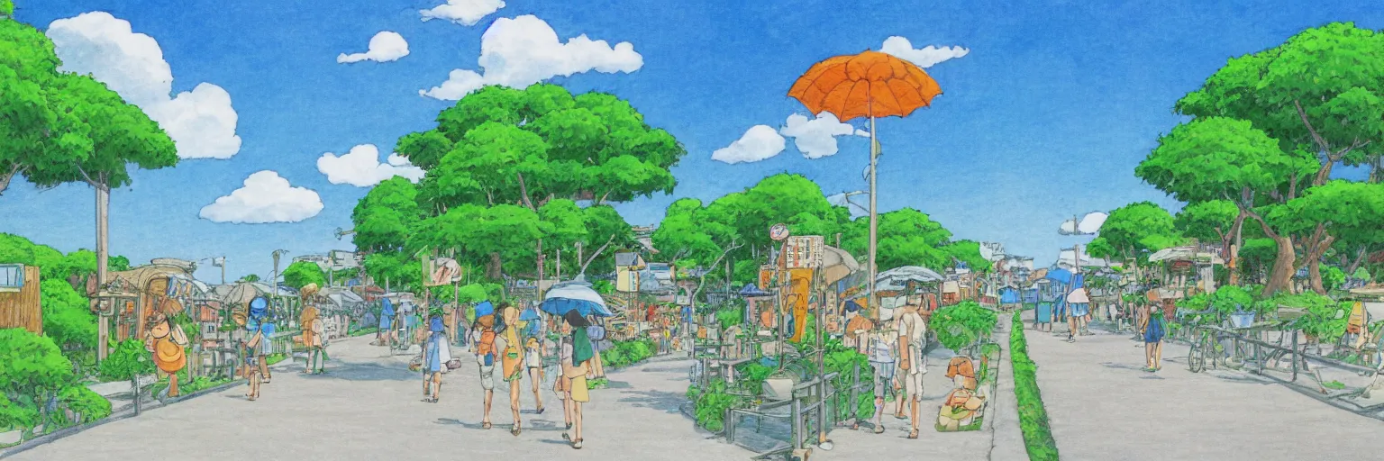 Image similar to summer street near a beach, studio ghibli style