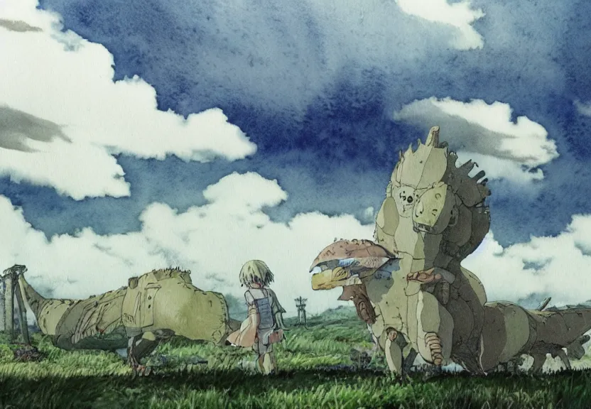 Image similar to a hyperrealist watercolor concept art from a studio ghibli film showing a giant grey mechanized prehistoric creature from howl's moving castle ( 2 0 0 4 ). stonehenge is under construction in the background, in the rainforest on a misty and starry night. by studio ghibli. very dull muted colors