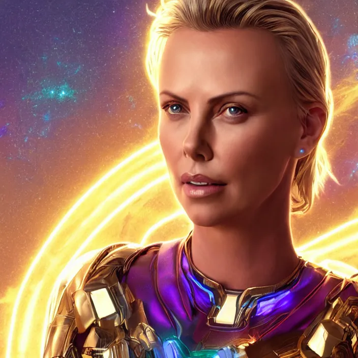 Prompt: portrait of ((Charlize Theron)), wearing The Infinity Gauntlet. SNAP. intricate artwork. octane render, trending on artstation, avengers. thanos. cinematic, hyper realism, high detail, octane render, 8k, iridescent accents