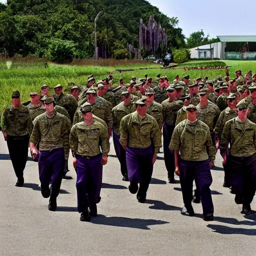 Prompt: army of eggplants marching, army photo,