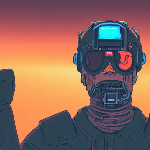 Image similar to in the style of max prentis and deathburger and laurie greasley a close up of a young explorer wearing a cyberpunk headpiece sitting on the head of a giant robot watching the sunset in the distance, highly detailed, 8k wallpaper