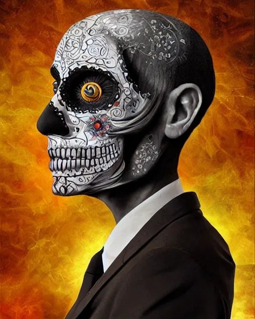 Prompt: dia de los muertos hombre theme surrealist art in the styles of igor morski, jim warren, and osborne macharia, intricate, hyperrealistic, accurate facial details, profile picture with chromakey!!!!! background, volumetric lighting