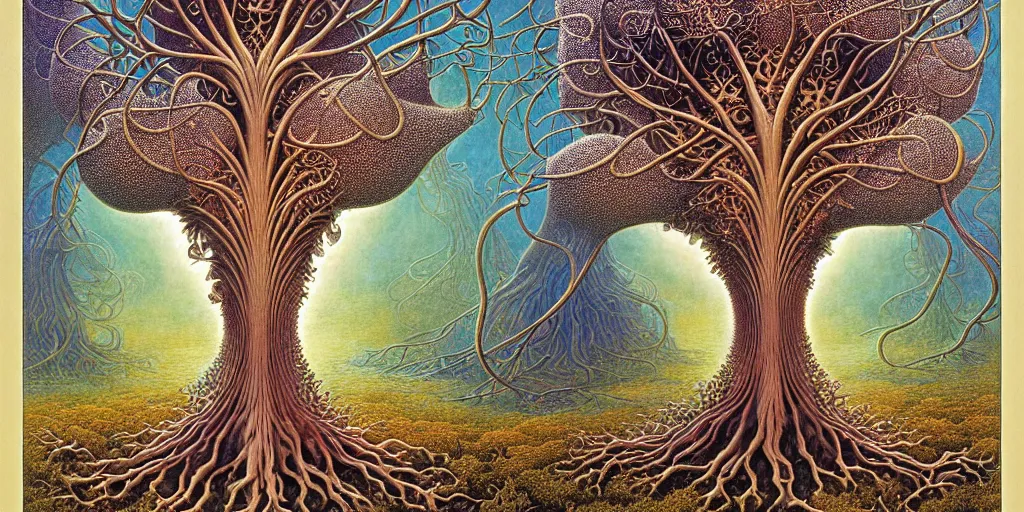 Image similar to tree of life by roger dean and andrew ferez, art forms of nature by ernst haeckel, divine chaos engine, symbolist, visionary, art nouveau, botanical fractal structures, organic, detailed, realistic, surreality