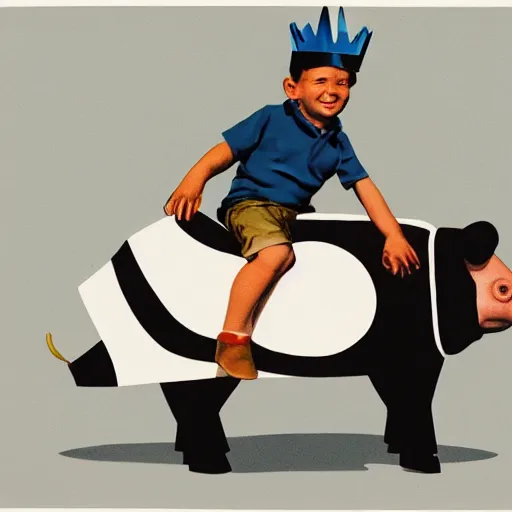 Image similar to black and white retro futuristic small boy wearing crown riding on the back of a large pig by syd mead, matte painting, geometric shapes