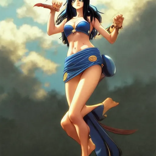 Image similar to nico robin by eiichiro oda!, makoto shinkai, blue eyes!!, large aquiline nose!!, highly detailed, digital painting, trending on artstation, concept art, matte, sharp focus, illustration, art by artgerm, greg rutkowski, magali villeneuve, and adolphe bouguereau