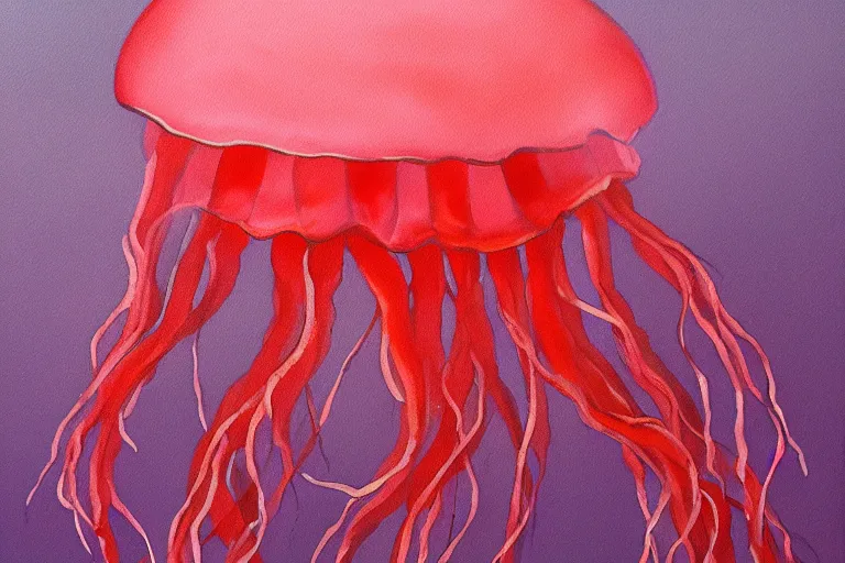 Image similar to painting of a red jellyfish in the deep sea alone, focus on pink jellyfish, dark background, arcylic,