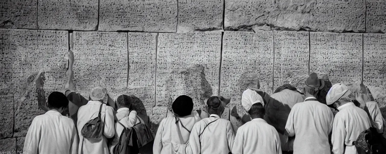 Image similar to jewish people praying with spaghetti at the wailing wall in israel, fine detail, canon 5 0 mm, in the style of diane arbus, in the style wes anderson, kodachrome, retro