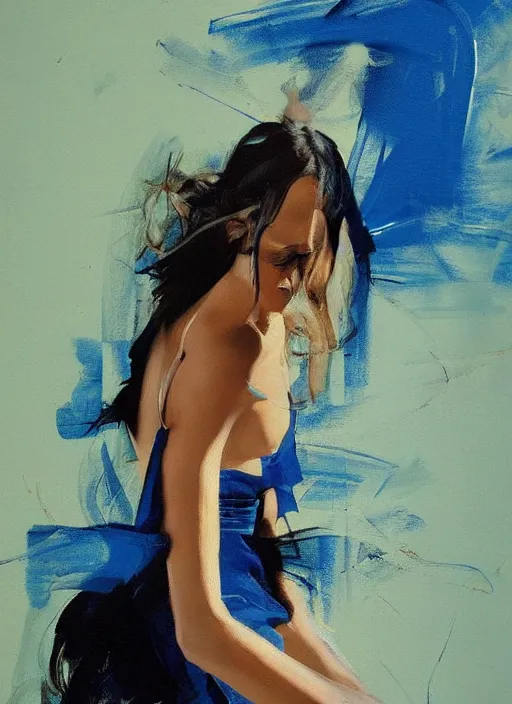 Image similar to fashion model in blue dress, painting by phil hale, fransico goya,'action lines '!!!, graphic style, visible brushstrokes, motion blur, blurry, visible paint texture, crisp hd image