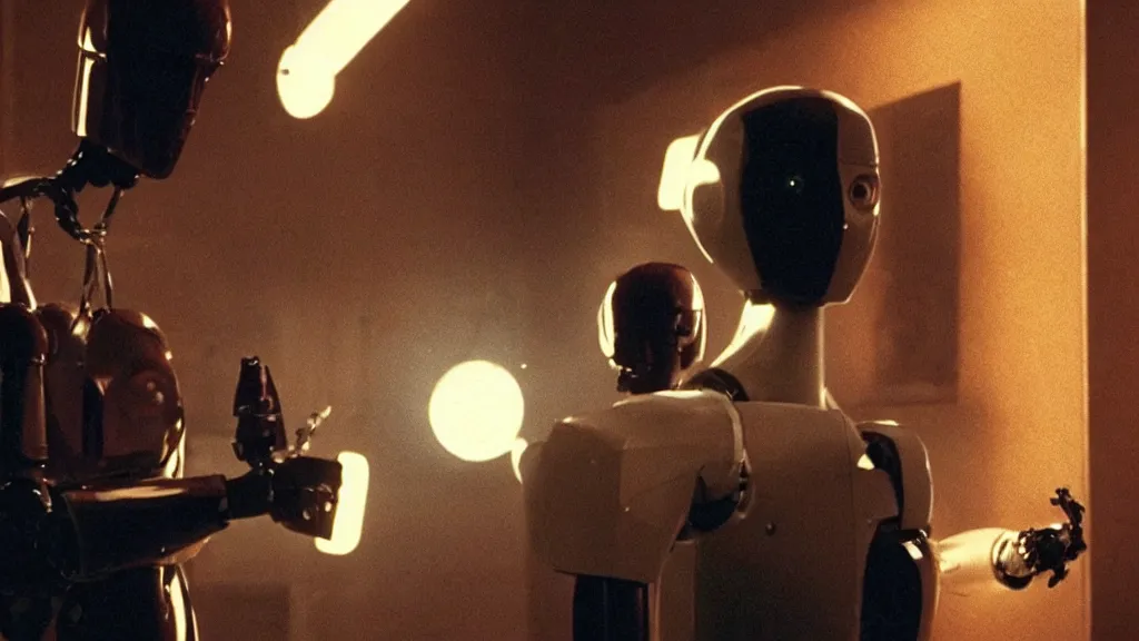 Image similar to movie still of a man and a robot having a moment of jealousy, cinematic composition, cinematic light, by david lynch and gaspar noe