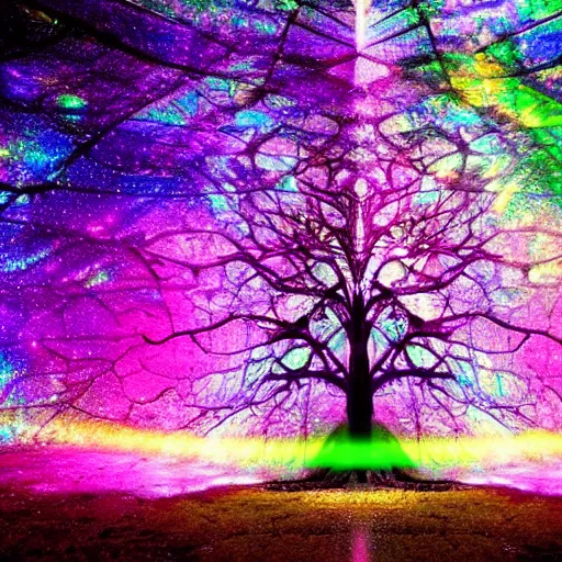 Prompt: a cosmic tree, iridescent, dichroic prism, Tyndall effect, dreamy intricate shadows, prismatic light shining through the canopy, scintillating, unearthly, phantasmagorical