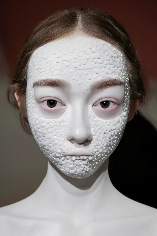 Image similar to ! dream full head and shoulders, beautiful porcelain female person, mixed with frog spawn eyes, smooth, delicate facial features, white detailed eyes, white lashes, by daniel arsham and james jean