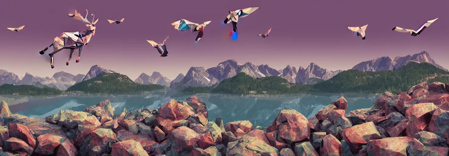 Image similar to super detailed color lowpoly art, northern sunset with rocks on front, blured monochromic lake in the middle of perspective and foggy mountains at background, graphic reindeers in random points, unreal engine, gothic rich deep colors, molotow premium pastel color palette, imperial boy, 3d render, lowpoly, colorful, digital art