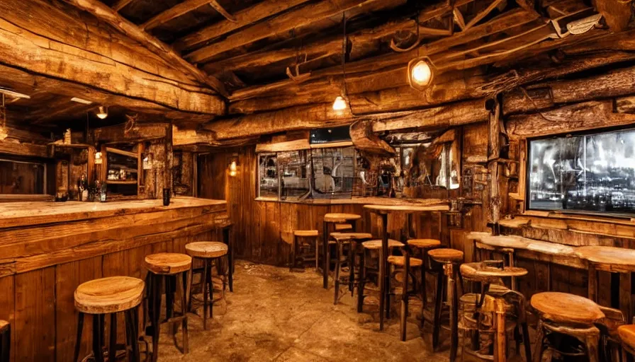 Prompt: empty cozy bar in small shack, rustic, warm, outside winter landscape