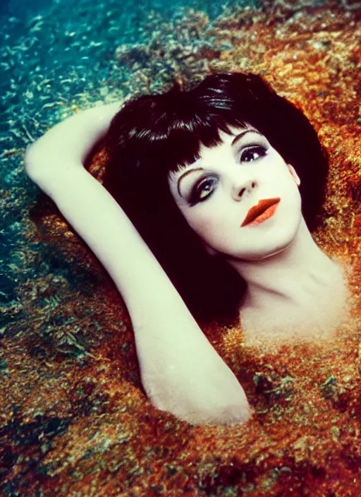 Prompt: liza minelli laying under the sea on the seabed amongst the weeds, underwater shot, submerged, medium shot, on the bed of the river preraphaelite colour photography by rosetti, 8 k