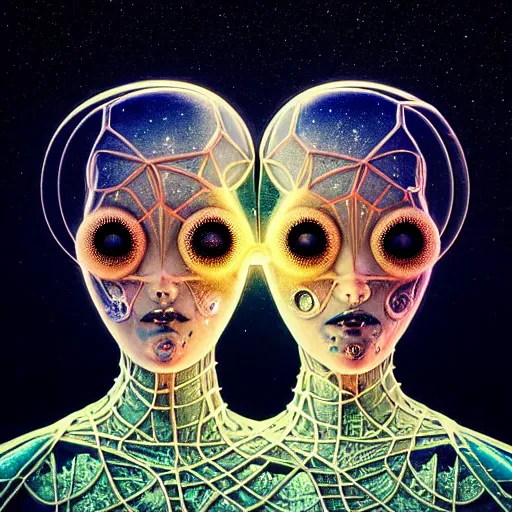 Image similar to twins from out space fractal, dark background, backlit:: by Martine Johanna and Simon Stålenhag and Chie Yoshii and Casey Weldon and Guillermo del toro :: ornate, dynamic, particulate, intricate, elegant, highly detailed, centered, artstation, smooth, sharp focus, octane render, 3d