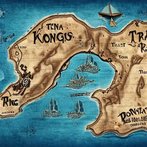 Image similar to old torn treasure map showing the exact spot of the treasure of kong island, pirates treasure map, high detail, high res, hyperrealistic,