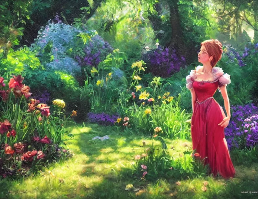 Image similar to ugly unattractive princess in the garden. oil painting by award - winning comic artist. backlighting, chiaroscuro, depth of field, luminescent colors.