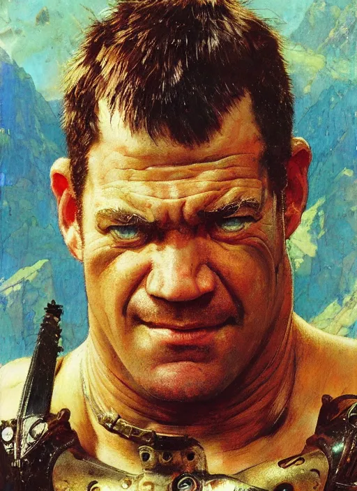 Prompt: head portrait of jocko willink as huge warrior with muscular neck, science fiction, by john berkey and lawrence alma tadema and rick berry and norman rockwell