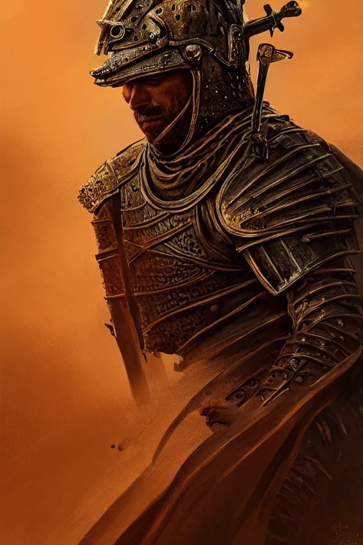 Image similar to Portrait of a king in the desert, Medieval Warrior fighting in a dark scene, detailed scene, Armour and Crown, highly detailed, blood and dust in the air, action scene, cinematic lighting, dramatic lighting, trending on artstation, elegant, intricate, character design, motion and action and tragedy, fantasy, D&D, highly detailed, digital painting, concept art