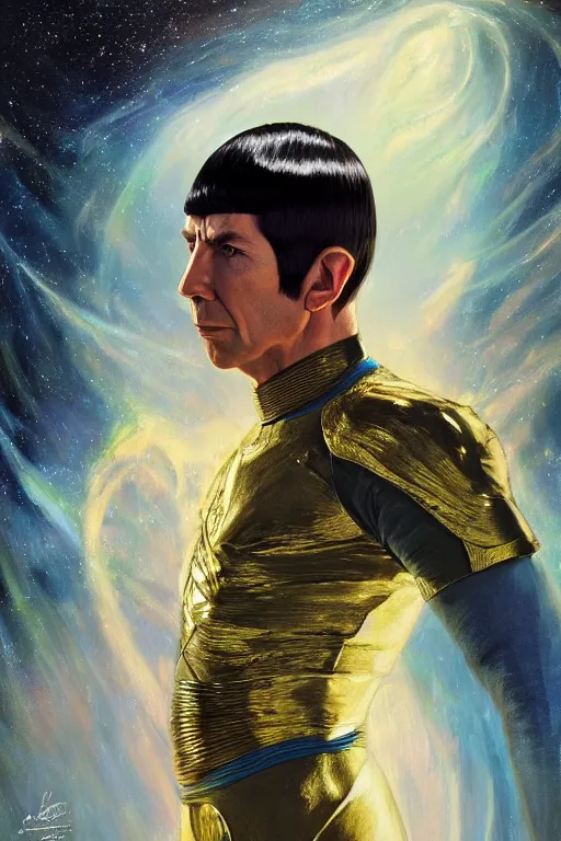 Image similar to photorealistic portrait photograph of spock as a glorious regal space king, sleek outfit, upper body, fantasy, handsome, depth of field, soft focus, highly detailed, intricate, realistic, national geographic cover, soft glow, textured, artstation, concept art, sharp focus, illustration, art by artgerm and greg rutkowski and alphonse mucha