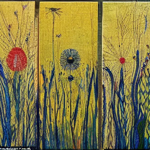 Prompt: weaved wildflowers seem to cover nearly every inch of the canvas. they look golden in the sunshine and seem to stretch down towards a slumbering cat. a large black crow is perched upon the cats back