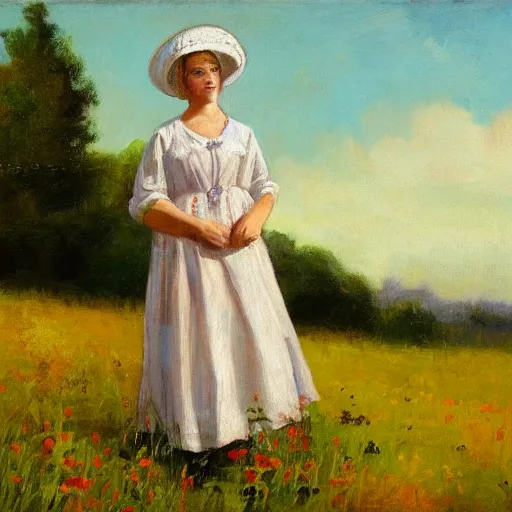 Image similar to pioneer lady in a meadow, prairie dress and bonnet, portrait, oil