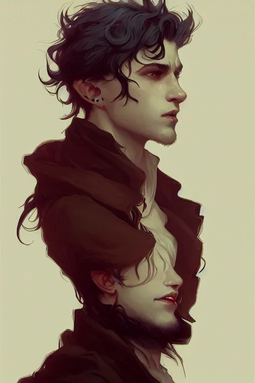 Image similar to portrait of a beautiful young fit male vampire with curly white hairs, dressed with urban clothes, by greg rutkowski and alphonse mucha, d & d character, gradient white to red, modern nocturnal background, highly detailed portrait, digital painting, artstation, concept art, smooth, sharp focus ilustration, artstation hq