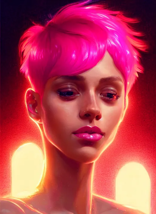 Image similar to portrait of vanessa morgan with bright pink hair, curly pixie cut hair, intricate, elegant, glowing lights, highly detailed, digital painting, artstation, concept art, smooth, sharp focus, illustration, art by wlop, mars ravelo and greg rutkowski