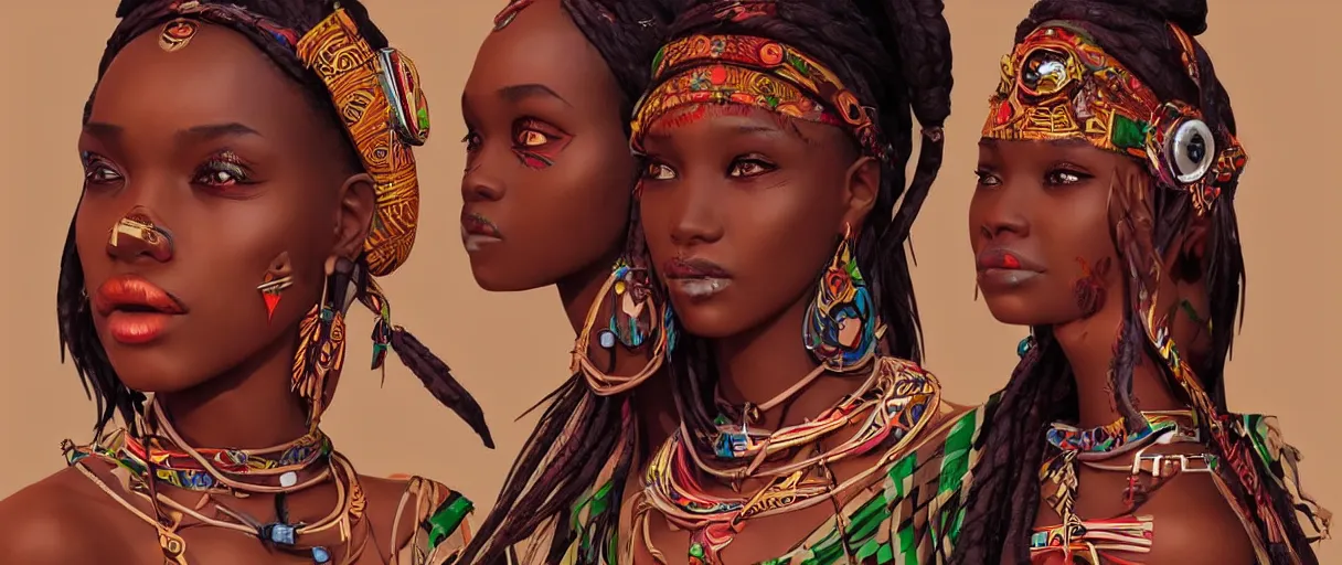 Prompt: very beautiful tribal women africa, frivolous appearance, ioyful vibe and lighting, cgsociety, artstation, in the style of artgerm