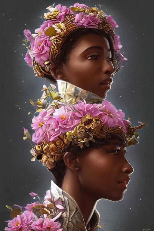 Image similar to ultra realistic illustration, a beautiful swahili girl with flowers blossoming from helmet, elegant, highly detailed, digital painting, concept art, smooth, sharp focus, illustration, art by artgerm and greg rutkowski and alphonse mucha