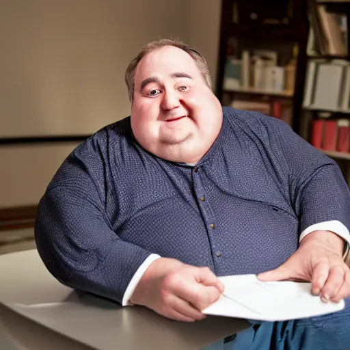 Image similar to portrait photo of old, fat spiderman doing taxes