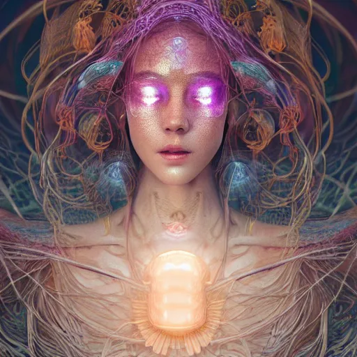 Image similar to goddess portrait. jellyfish phoenix head. intricate artwork by Tooth Wu and wlop and beeple. very coherent symmetrical artwork. cinematic, hyper realism, high detail, octane render, 8k