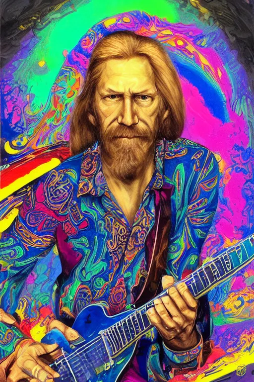 Prompt: a professional painting of Duane Allman, in brightly colored psychedelic shirt, long hair, beautiful bone structure, symmetrical facial features, intricate, elegant, digital painting, concept art, smooth, sharp focus, illustration, from StarCraft by Ruan Jia and Mandy Jurgens and Artgerm and William-Adolphe Bouguerea, epic, stunning, gorgeous, intricate detail, much wow, 4K, masterpiece, trending on artstation