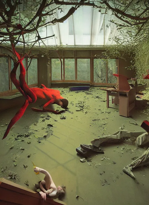 Image similar to time does not exist anymore by edward hopper and james gilleard, zdzislaw beksinski, overgrown vegetation, open ceiling, highly detailed, painted by francis bacon, painted by james gilleard, airbrush, ilya kuvshinov, wlop, stanley artgerm, very coherent, people of color, art by takato yamamoto and james jean