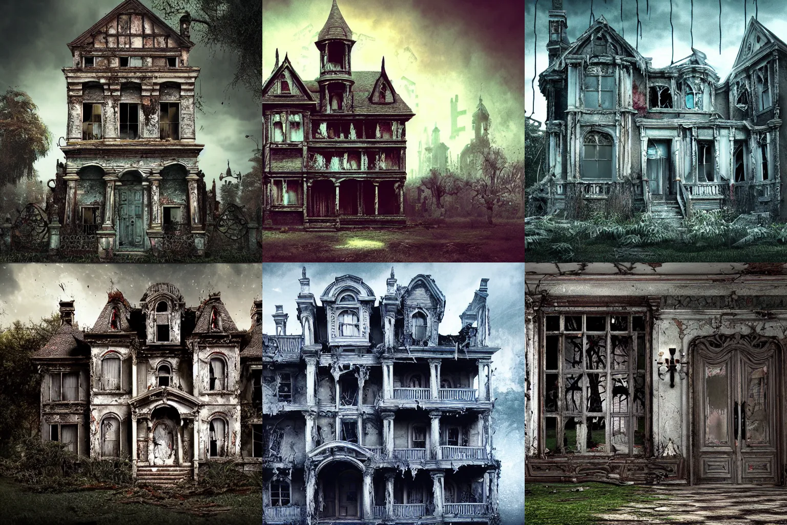 Prompt: Old Haunted Mansion with several windows and doors, decayed, evil, abandoned, intricate details, photorealistic, hyper-realistic, intricate, concept art, octane render, cinematic lighting, artwork by Tim Burton
