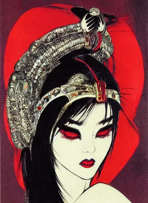 Image similar to junoesque female korean vampiress, jeweled headdress, heavy mascara, strong line, saturated color, beautiful! coherent! by frank frazetta, high contrast, minimalism