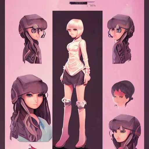 Image similar to character sheet cute girl merchant, digital art by wlop. character design concept art. artstation contest winner, blade runner, scifi, candy girl