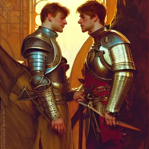 Image similar to attractive arthur pendragon and his attractive male knight, they are in love, natural lighting, path traced, highly detailed, high quality, digital painting, by gaston bussiere, craig mullins, alphonse mucha j. c. leyendecker