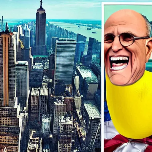 Image similar to a hyper detailed realistic color photograph of Rudy Giuliani laughing maniacally wearing a yellow speedo squatting acting sensually and acting inappropriately on top of the world trade center rubble pile