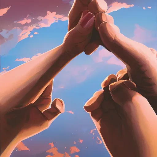 Image similar to a hand reaching out to another hand, behance hd by jesper ejsing, by rhads, makoto shinkai and lois van baarle, ilya kuvshinov, rossdraws global illumination ray tracing hdr radiating a glowing aura