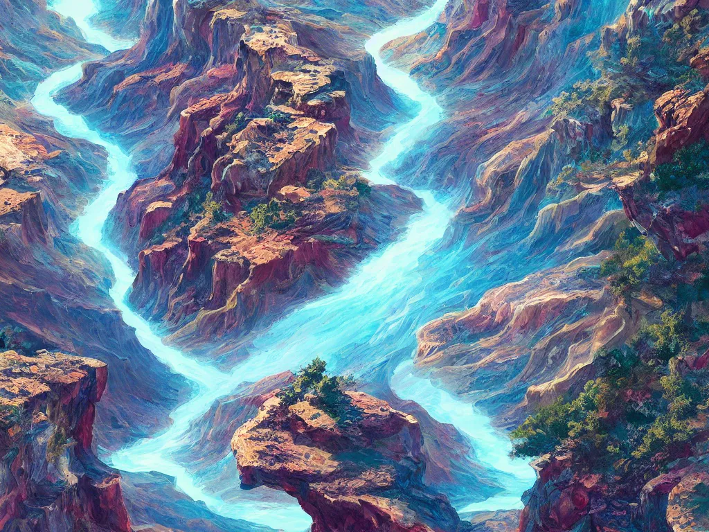 Image similar to grand canyon filled with sparkling water, magical, digital painting, trending on artstation, deviantart, 8k, epic composition, intrinsic details, perfect coherence