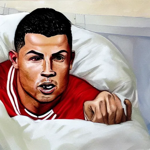 Prompt: hyper realistic image of ronaldo in his bed and he's sick