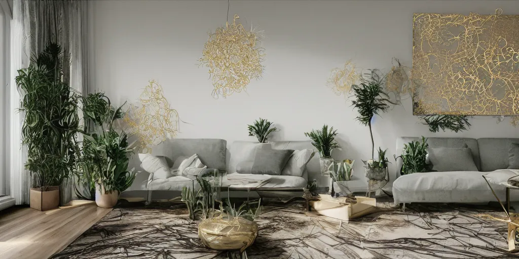 Prompt: a modern indoor room made from a hiper detailed thin golden tendrils, fractal ornaments, clean architecture, pastel colored, baroque, a couch, a couch table, some fresh plants, intricate detailed 3 d render, elegant, intense colors, wide shot, octane render, photorealistic, daylight, peaceful, 8 k