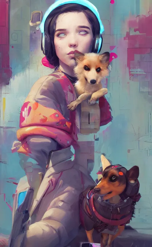 Prompt: beautiful portrait painting of lofi cyberpunk graffiti cute teenage princess and her corgi, by Sergey Kolesov, Martine Johanna, Jake Parker. Trending on Artstation, 8k, masterpiece, graffiti paint, dishonored, fine detail, full of color, intricate detail