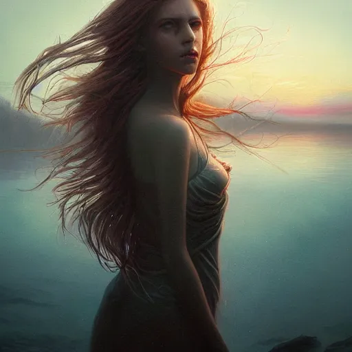 Image similar to beautiful young woman by the lake, sunset, hair waving in the wind, high detail, dramatic light, digital art, chiaroscuro, painted by seb mckinnon and greg rutkowski, trending on artstation