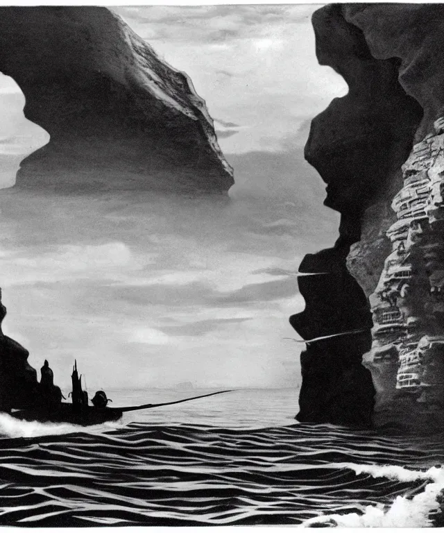 Image similar to realistic photo of a 1 9 2 5 seiner sailing near a tropical skull - shaped cliff with the mouth of a sea cave at the waterline, dark, brooding, atmospheric, lovecraft, horror, smooth, epic, highly detailed, cinematic, by clyde caldwell