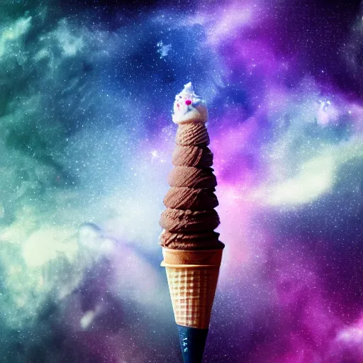 Image similar to an ice cream cone made completely of stars and nebulas, trending on art station, 4 k wallpaper