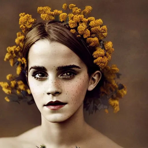 Image similar to fine art photo of the beauty goddess emma watson, she has a crown of dried flowers, by oleg oprisco