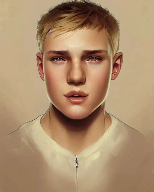 Prompt: 1 5 - year - old boy with blonde hair, round - face, and slightly buck - toothed, highly detailed, digital painting, artstation, concept art, smooth, sharp focus, illustration, art by artgerm and greg rutkowski and alphonse mucha